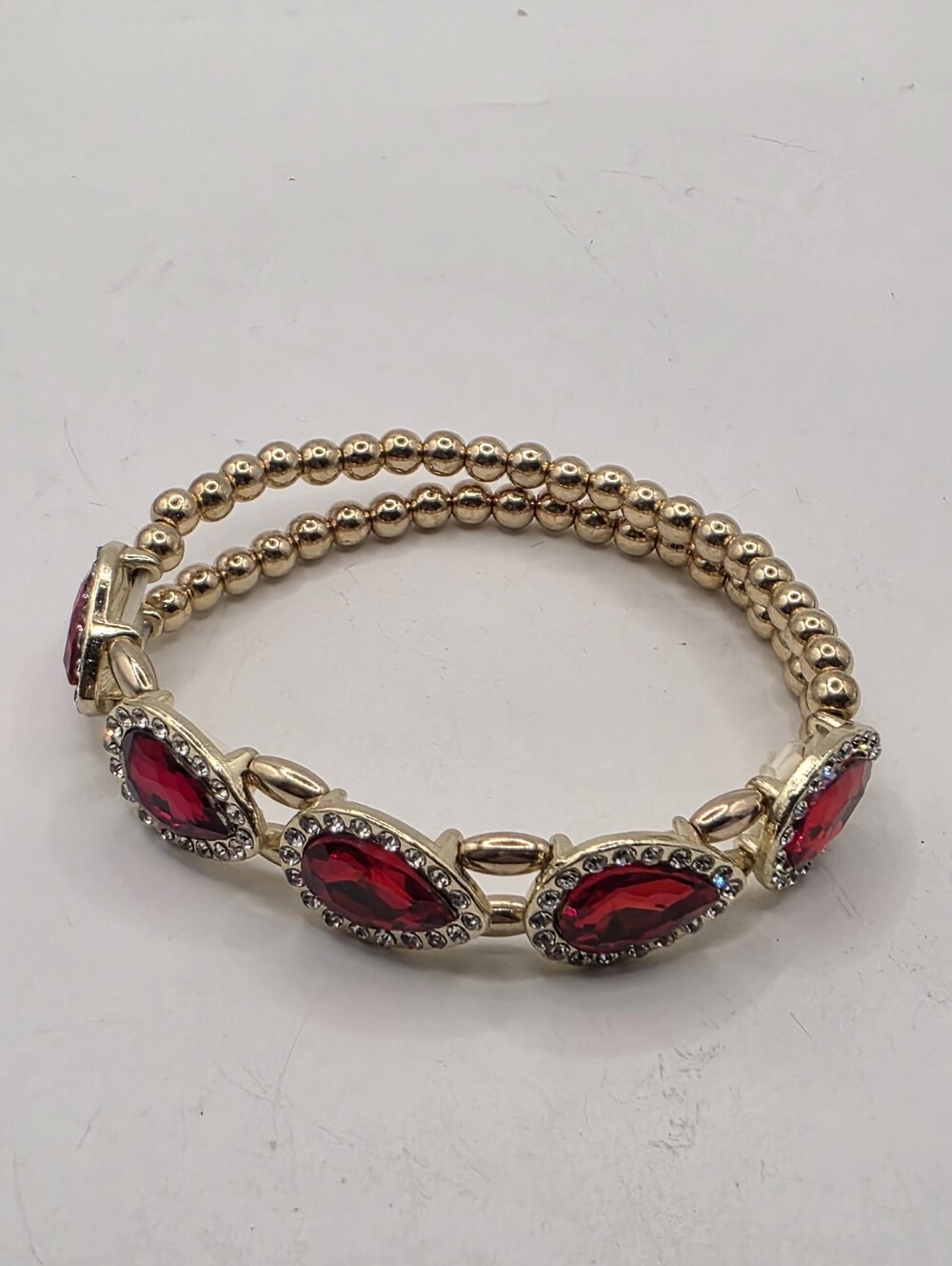 Gold-Tone Red Teardrop Rhinestone Stretch Bracelet